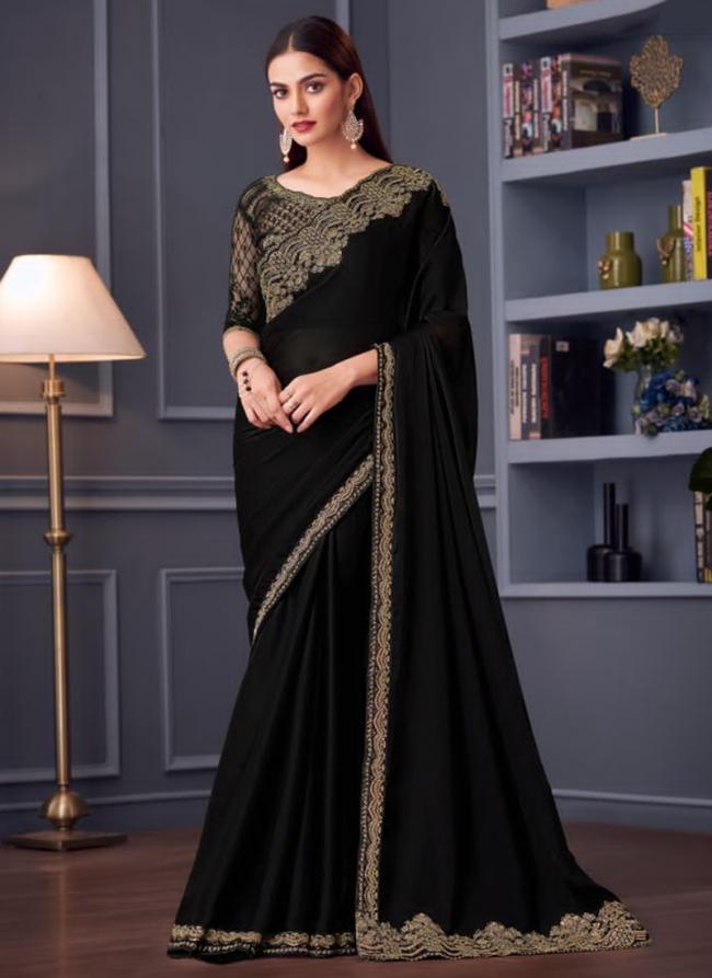 Sattin Chiffon Black Party Wear Embroidery Work Saree